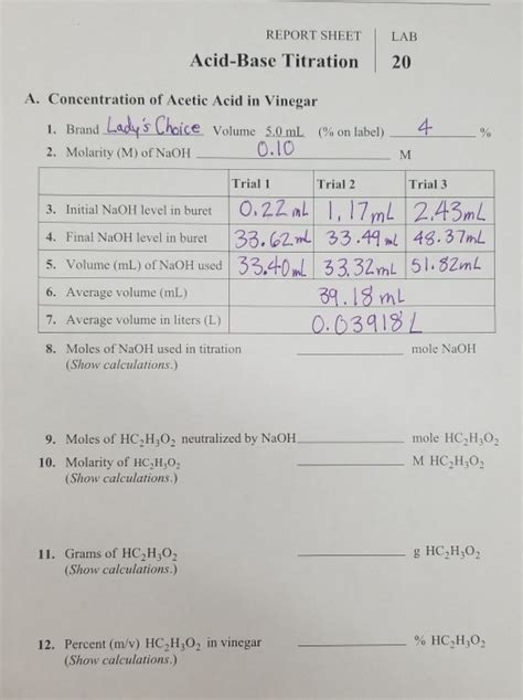 Solved REPORT SHEET LAB Acid Base Titration 20 A Chegg Com