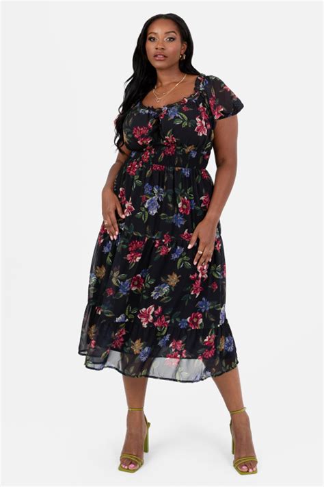 Buy Lovedrobe Floral Print Sweetheart Neck Black Midi Dress From The