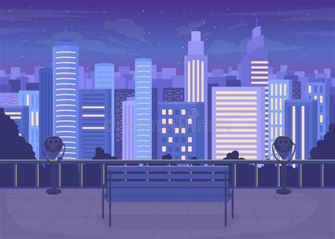 City Skyline At Night Flat Color Vector Illustration Stock Vector