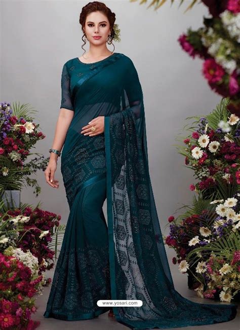 Teal Blue Georgette Designer Embroidered Party Wear Saree Chiffon Saree