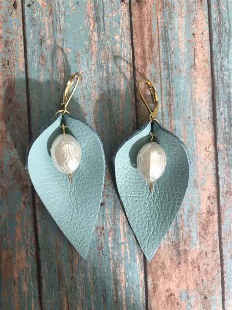 Turquoise Leather Earrings Genuine Leather With Bead Earrings Petal