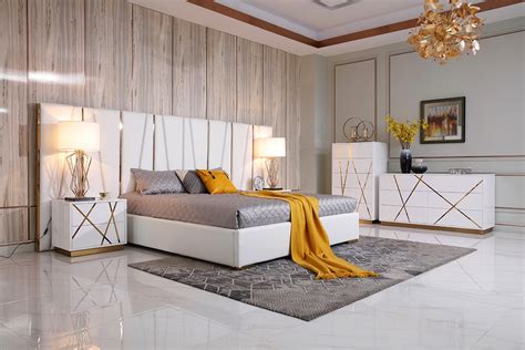 Bedroom furniture all bedroom bedroom sets beds & headboards dressers & chests nightstands. Modrest Nixa Modern White Bonded Leather & Gold Bed - Beds ...