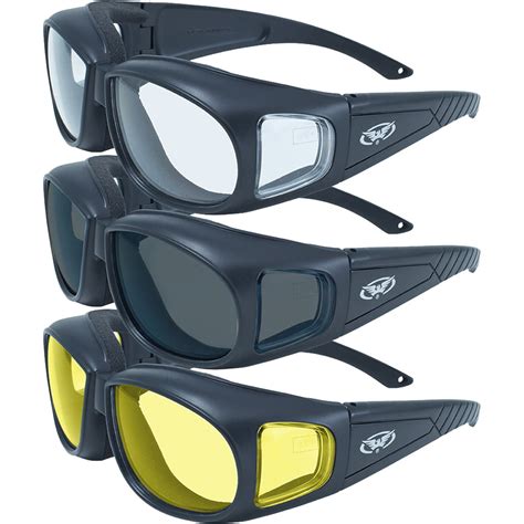 Three Pairs Motorcycle Safety Sunglasses Fits Over Rx Glasses Smoke