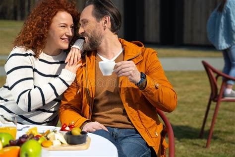 Beautiful Couple Enjoying Each Other Company During Breakfast Outdoors Stock Image Image Of