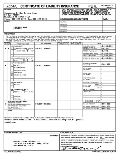 Certificate Of Liability Insurance Form Pdf Fillable Download Get