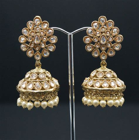 Davan Polki Stone And Pearl Jhumka Antique Gold Indian Jewellery