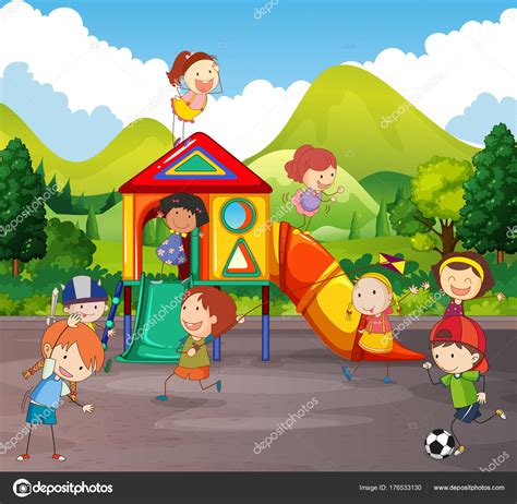 Many Children Playing In Playground Stock Vector Image By