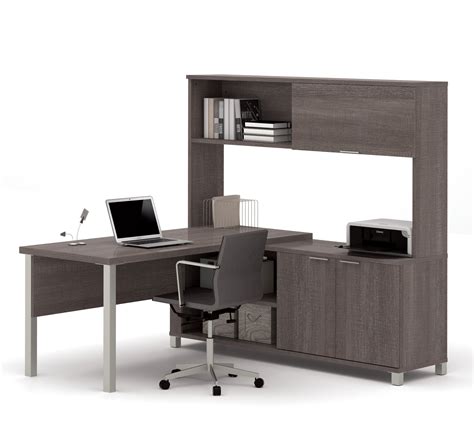 Premium Modern L Shaped Desk With Hutch In Bark Gray