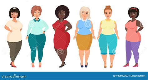 vector cartoon happy and smiling plus size woman females curvy overweight girl in casual dress
