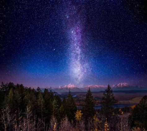 1134388 Landscape Forest Mountains Night Galaxy Nature Long