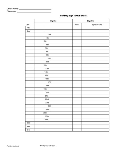 Monthly Sign Inout Sheet Template Printable Pdf Download