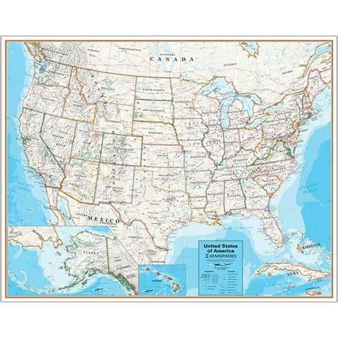 Laminated Wall Map United States Hemispheres Contemporary