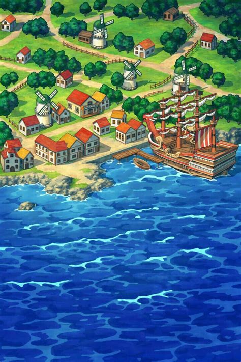 An Image Of A Cartoon Town By The Ocean With Ships And Houses On Land