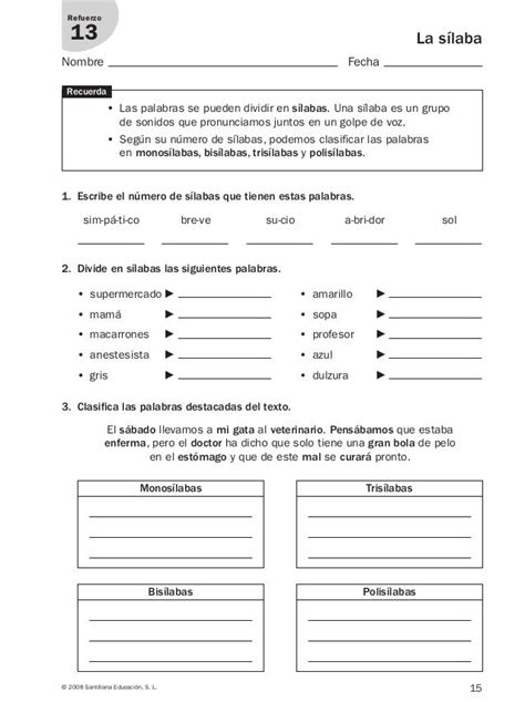 Lengua Repaso Y Ampliación 3º Primaria Santillana Division De Silabas