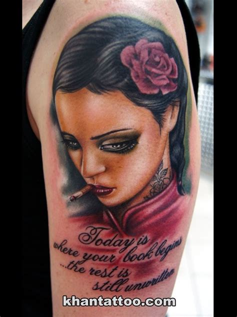 Smoking Pretty Tattooed Lady Colored Realistic Tattoo On Shoulder With