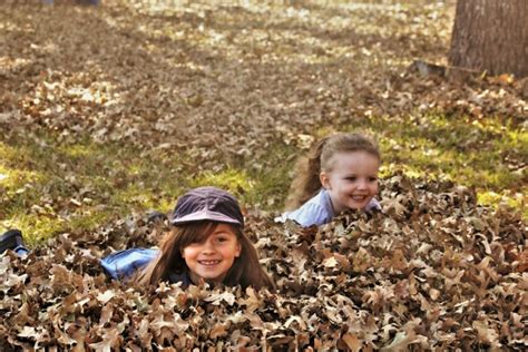 Two Little Girls Playing In Leaves Free Stock Photo