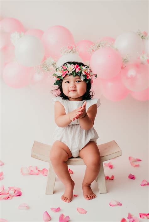 One Year Old Baby Girl Pink Birthday Cake Smash Photos With Balloon