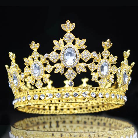 Gold Crystal Royal Bridal Tiara Crown Full Round Queen Vintage Crown