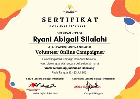 Ryani Abigail On Linkedin Sertifikat Volunteer Online Campaigner Di