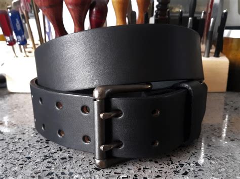 Heavy Duty Men S Black Leather Belt 2 Prong Antiqued Brass Finish Buckle Double Hole Leather