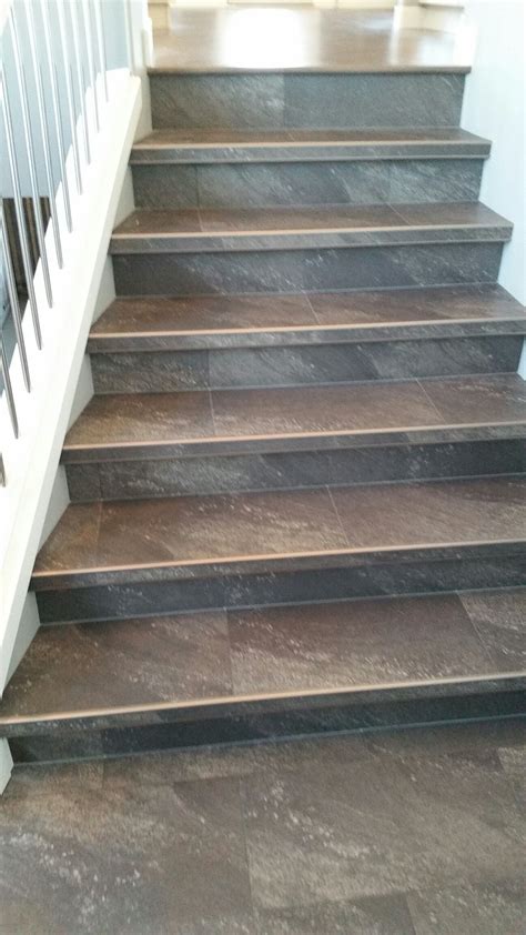 Luxury Vinyl Tile Installed With Custom Insert Stair Nosings Tile Stairs Flooring For Stairs