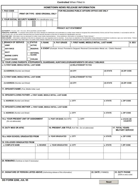 Dd Form 2266 Hometown News Release Information Dd Forms