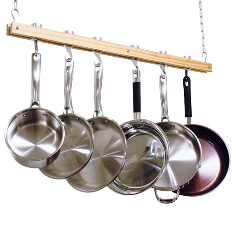This handy ceiling rack is a great storage solution for all of your pots, pans and utensils. Ceiling Mount Single Bar Wooden Pot Rack with 4 Pan Hooks ...