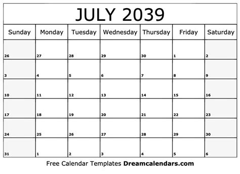 July 2039 Calendar Free Blank Printable With Holidays