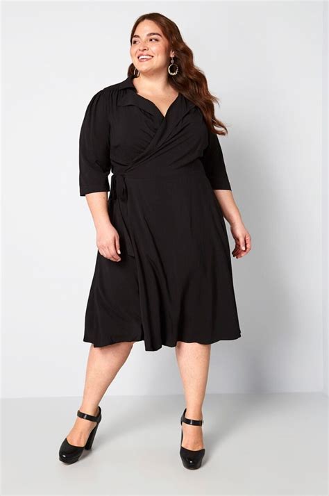 Plus Size Black Wrap Cocktail Dress With 3 4 Length Sleeves