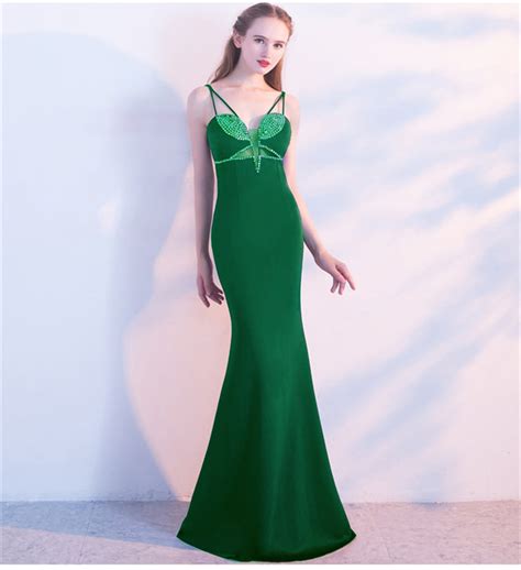 Sexy Spaghetti Strap Deep V Neck Mermaid Prom Dresses With Crystals