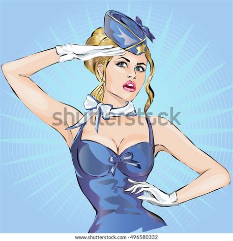 Pin Up Sexy Stewardess In Blue Uniform Saluting Pop Art Hand Drawn