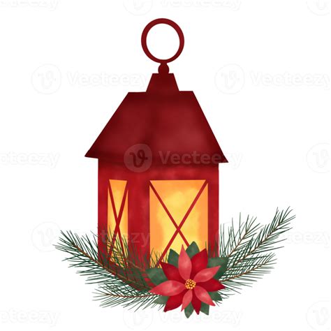Free Christmas Lantern With Poinesettia And Pine Branches 13521433 Png