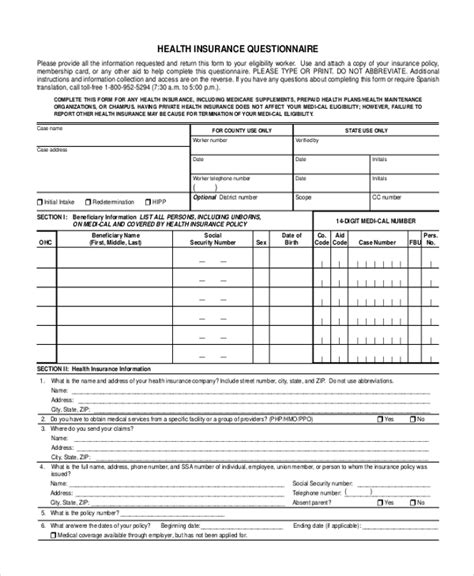 Free 10 Sample Health Questionnaire Forms In Pdf Ms Word