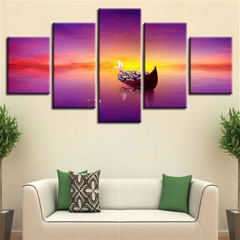 5 Panel Sunset Ship Seaview Printed Pictures Painting Wall Art Modular