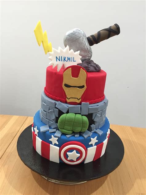 Fondant with fondant details, the hulk hand is made from molding chocolate and the thor hammer is rkt covered in fondant. Avengers theme cake | Themed cakes, Cake, Birthday cake