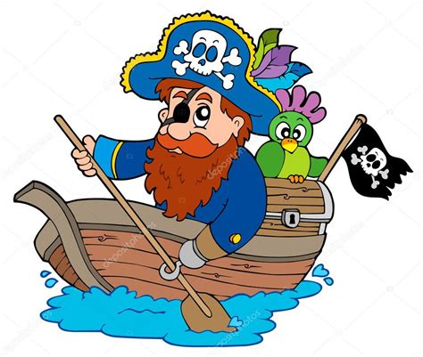 Pirate With Parrot Paddling In Boat — Stock Vector © Clairev 3040522