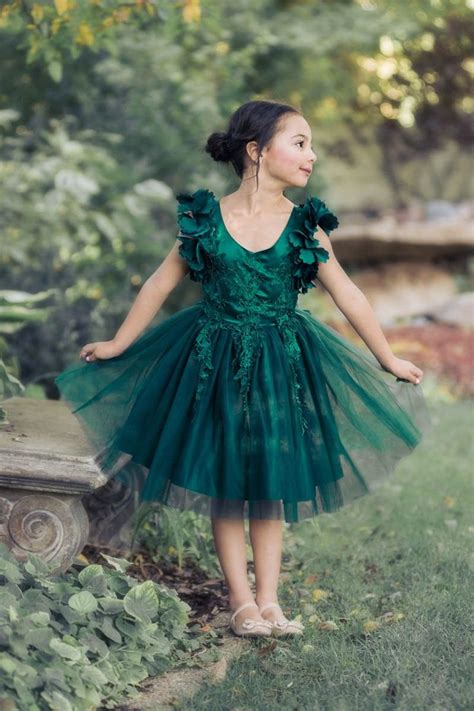 Ariana Dark Green Petal Sleeve Satin And Lace Dress Toddler Girl
