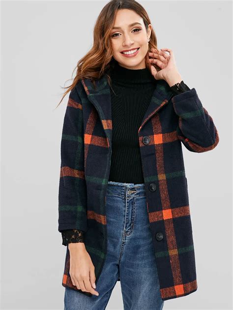 Azulina Pom Pom Hooded Plaid Faux Wool Coat Winter Overcoat Warm