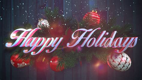 Prince jonah kuhio kalanianaole day. Animated closeup Happy Holidays text, white snowflakes, green Christmas branches on wood ...