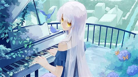 Hd Wallpaper Anime Original Girl Piano White Hair Yellow Eyes
