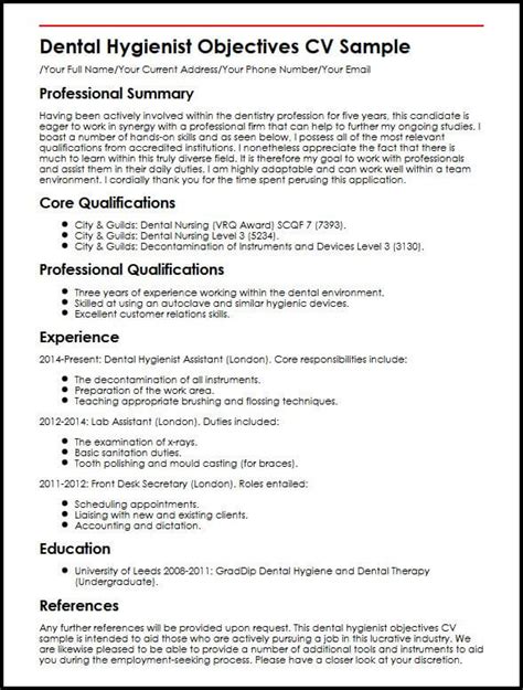 Objective on a cv example. Dental Hygienist Objectives CV Sample | MyperfectCV