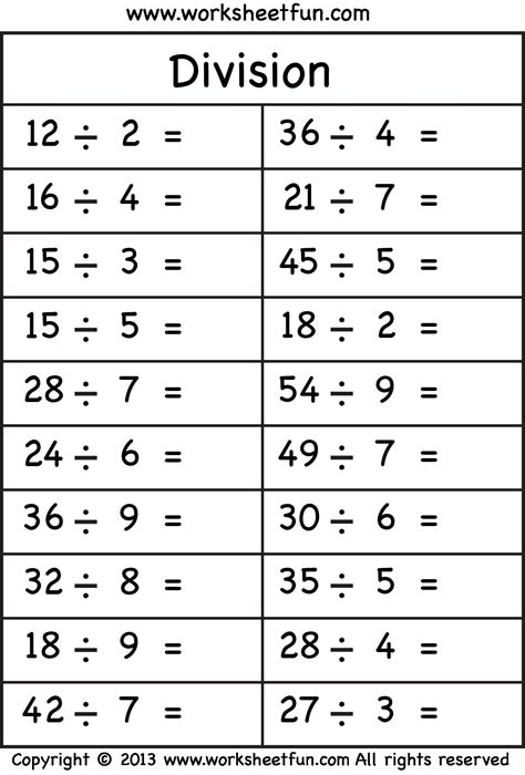 5 free math worksheets third grade 3 division division facts 1 to 10