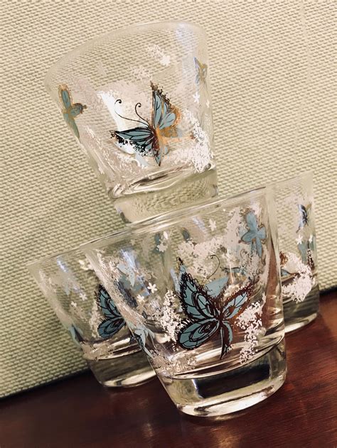 Vintage Butterfly Glasses Gold Gilt Aqua Blue Butterfly Glasses Mid Century Drink Ware T For Her