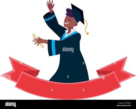 Afro Student Boy Graduated Celebrating With Ribbon Frame Vector