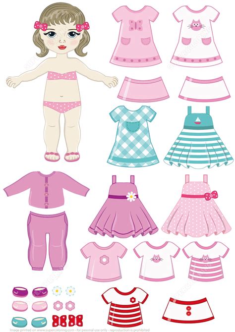 Brunette Girl Paper Doll With Clothing Set Free Printable Papercraft