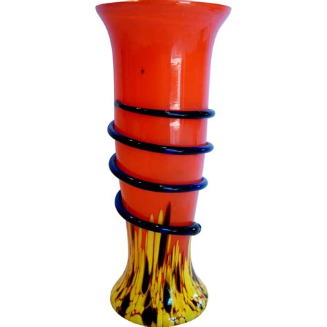 The 2 colours chosen are metallic black & metallic silver.this is quite a large glass vase that has been under coated first in black, sanded then swirled in these two gorgeous colours. Bohemian Czech Kralik Art Glass Vase Yellow Spatter w ...