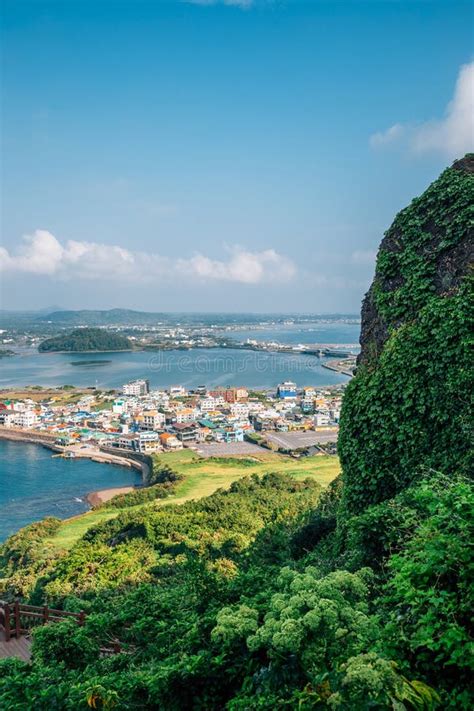 Panoramic View Of Seaside Village From Seongsan Ilchulbong Tuff Cone In