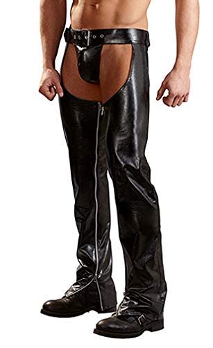 killreal men s faux leather assless chaps sexy open hip long pants with zipper black large on