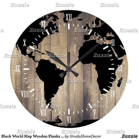 Black World Map Wooden Planks White Numerals Large Clock Wall Clocks