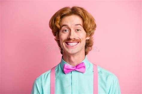 Portrait Of Young Funny Smiling Cheerful Positive Good Mood Guy Wear Bow Tie And Suspenders